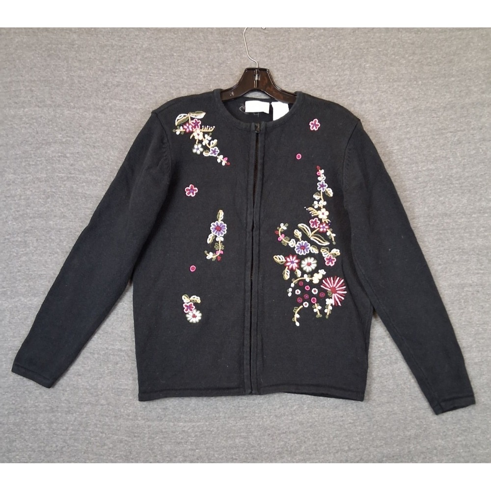 VTG Blair Womens Sweater S Black Embroidered Floral Full Zip Jacket Boho Grannie